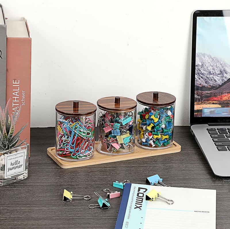 BTSKY 3 Pack PaperClip Holders with Bamboo Lids & Tray, Round Binder Holder for Desk, Clear Paper Clip Dispenser Small Office Supply Accessory Organizer Qtip Holder for Office Bathroom Vanity, Black - Image 3